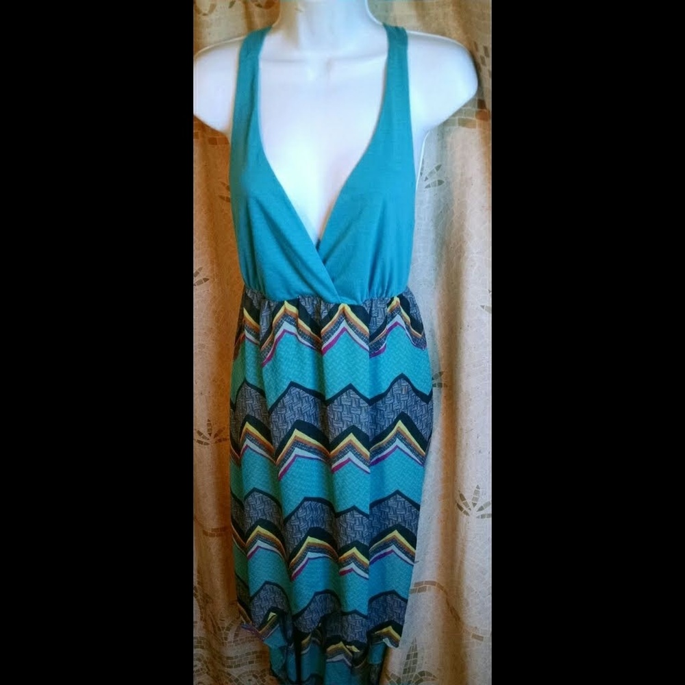 Teal Plunge, Crossed-Back Halter Hi Low Dress